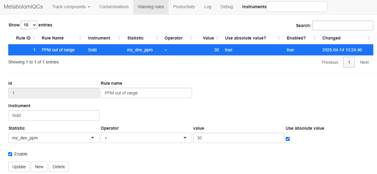 Settings to trigger warnings