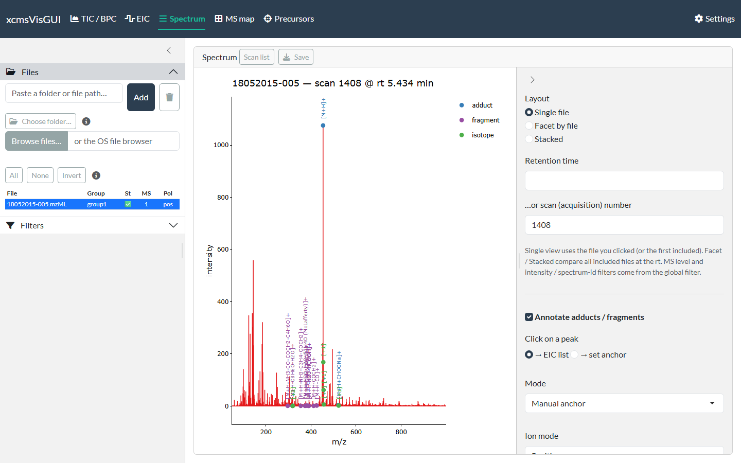Adduct, isotope and in-source-fragment annotation on a spectrum